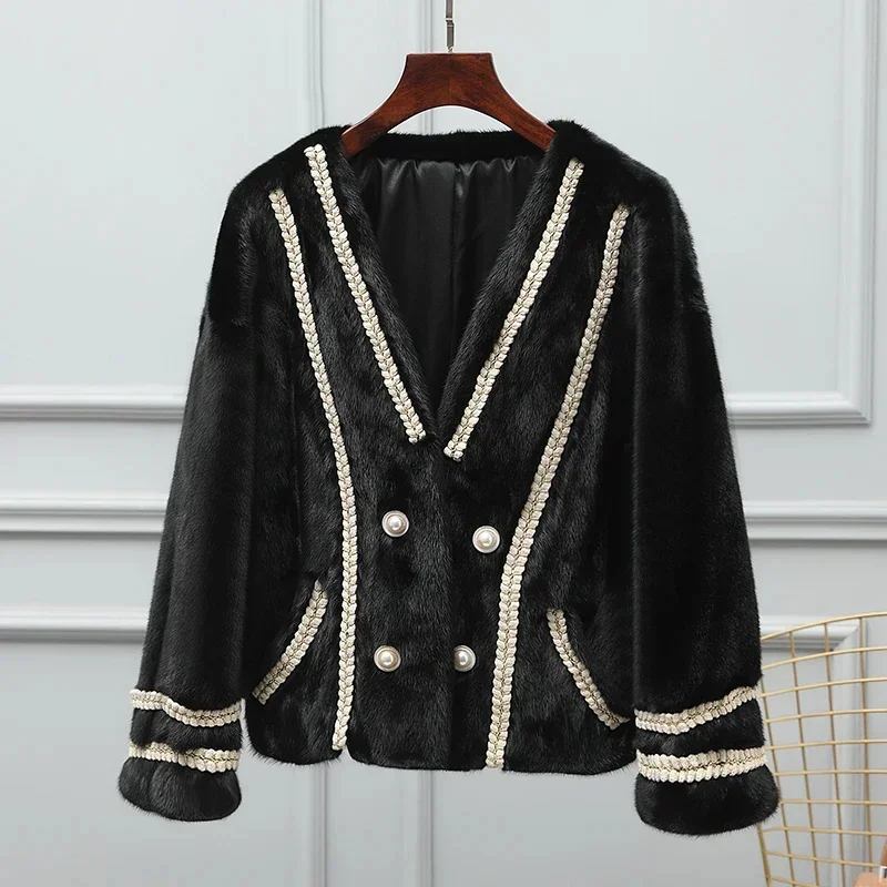 

Coat Short Jacket for Women 2024 Pure Mink Coats V-neck Korean Fashion Fur Jackets Outwear veste femme