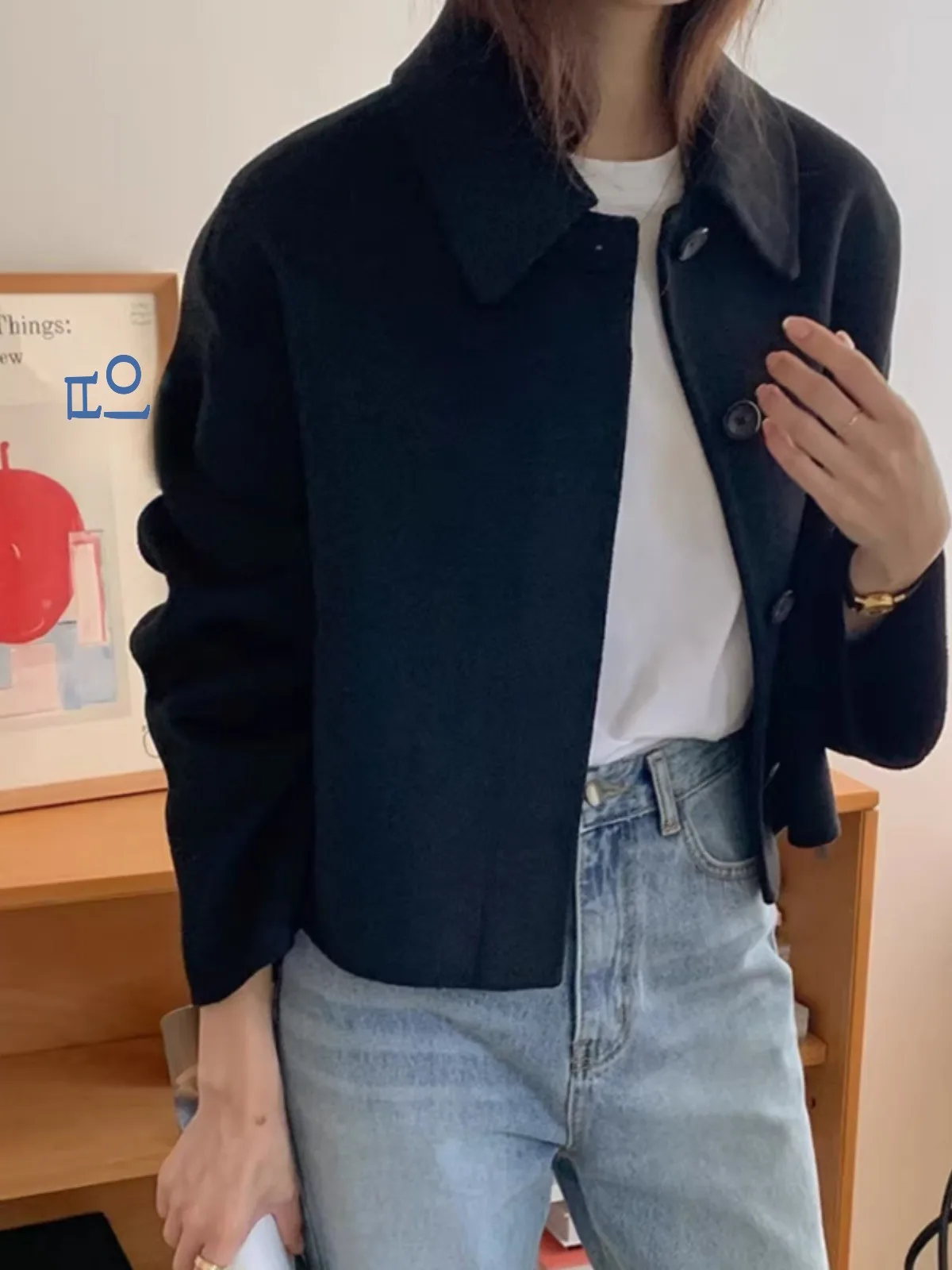 시크한 울 코트 여성용 숏 스타일 턴다운 칼라 싱글 버튼 디자인 한국 버전 순색 출퇴근 패션 2023