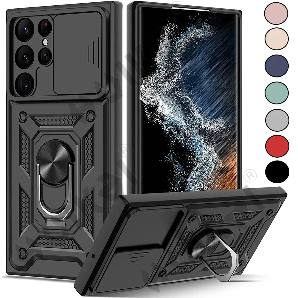 Per S24 S23 S22 S21 Ultra Plus S20 Fe A14 A34 A54 5G Slide Stand Ring Camera Military Grade Armor Ring Cover