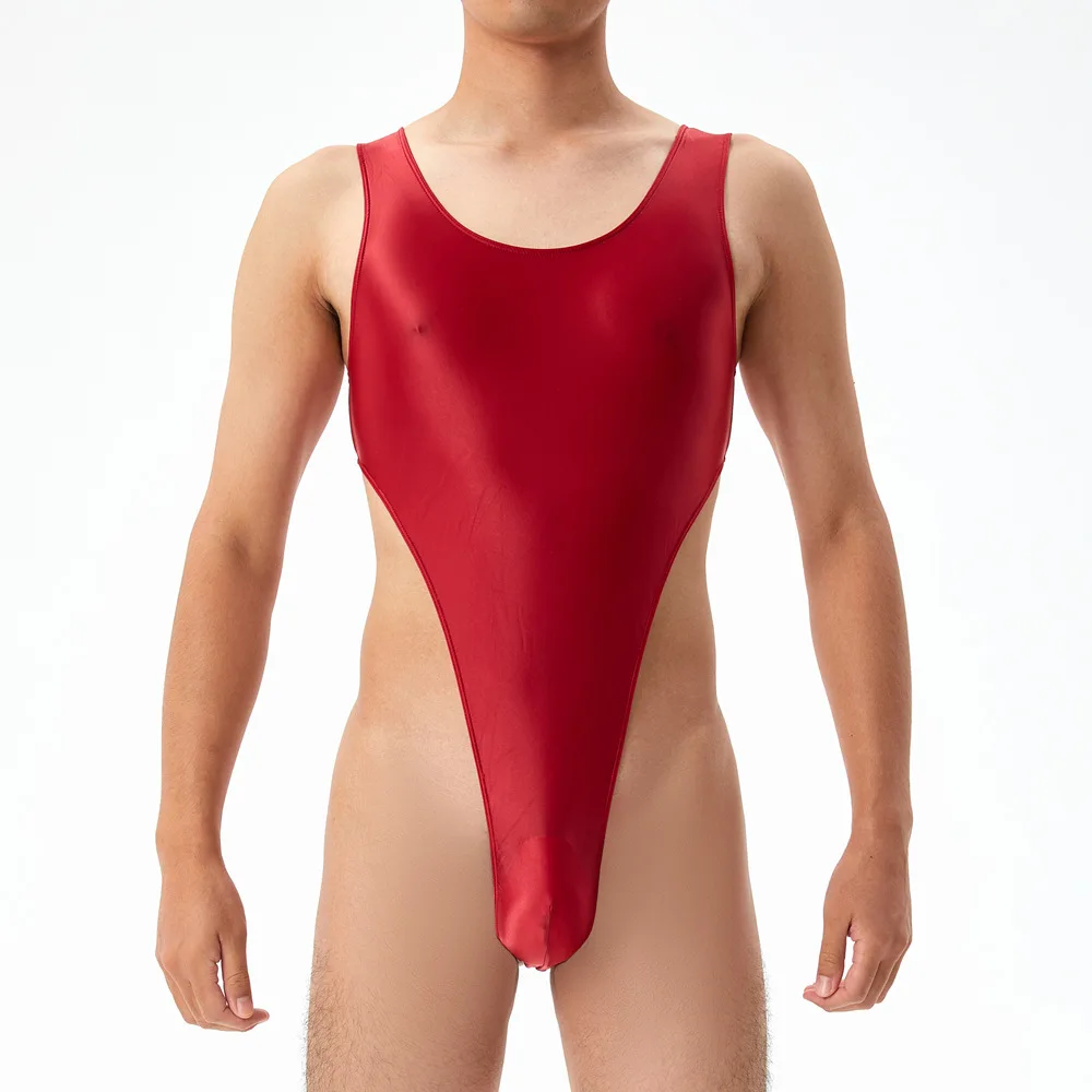 Glossy Men\'s Sexy Bodysuit Leotard Shiny Sleeveless Slim Romper Undershirts Jumpsuits Gay Porno Underwear