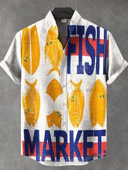 New Man Retro Style Fish Print Men's Casual Linen Fabric Comfortable Short Sleeve Button-Up Shirt