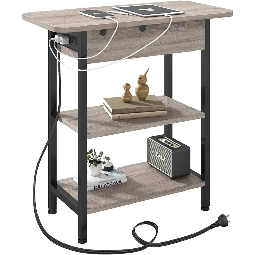 

OEING End Table with Charging Station, Flip Top Side Table, Bedside Tables with Storage Shelf for Living Room, Bedroom, Greige