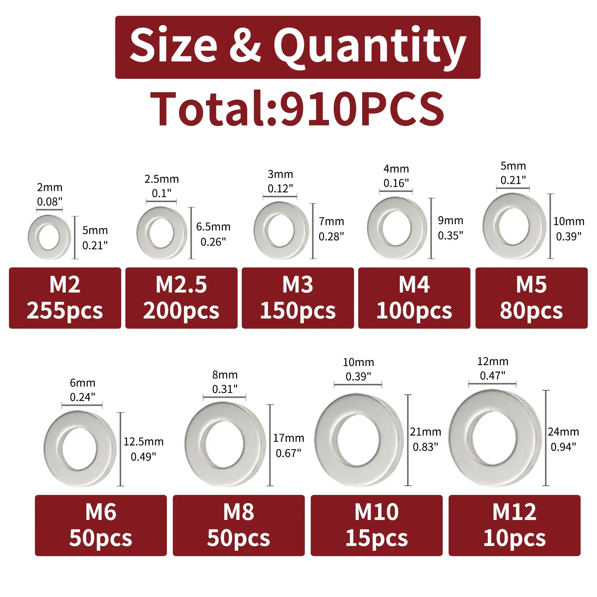 910/200pcs 304 Stainless Steel Flat Washers Assortment Kit M2-M12