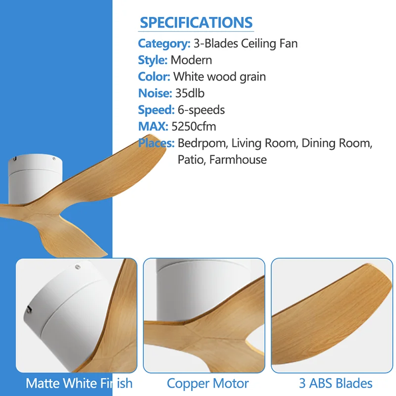 LED Ceiling Fan with Light Remote Control 3 Blades 45/52 inch for Living Room Bedroom