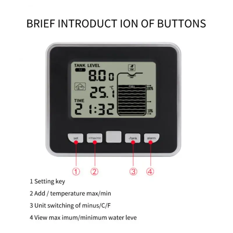 

Ultrasonic Wireless Water Tank Liquid Depth Level Meter Sensor with Temperature Display with 3.3 Inch LED Display