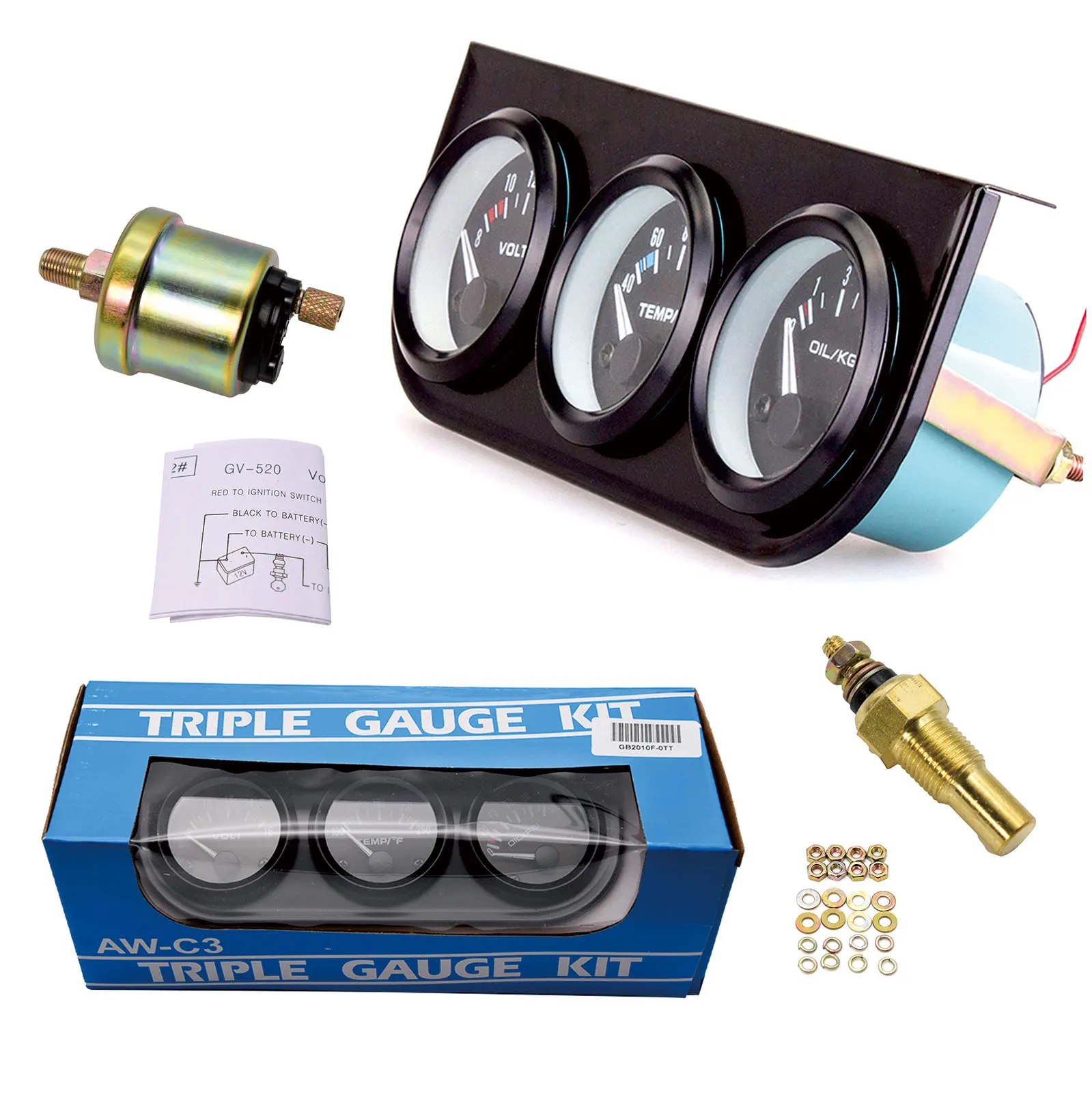 M10x1 52mm 3 en 1, Jauge de voiture Température de l'eau ＋ Pression d