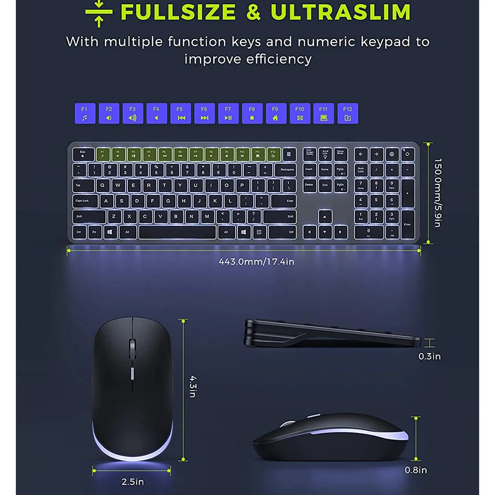 Teclado Retroiluminado sem Fio Silencioso com Retroiluminação Conjunto de Mouse e Teclado Fino Recarregável em Tamanho Grande Usb 2.4g - Imagem 5