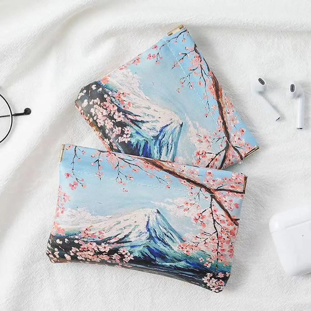 

Flower Printed Mini Self-closing Coin Purse Square Mountain PU Leather Lipstick Bag Storage Bag Sunglasses Bag