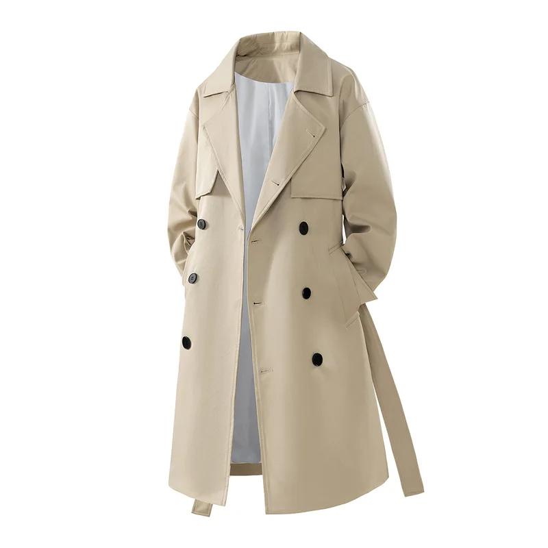 New Men's Double Breasted Trench Coat Mid-Length Loose Fit Windbreaker Spring/Autumn Fashionable Outerwear for Casual Office