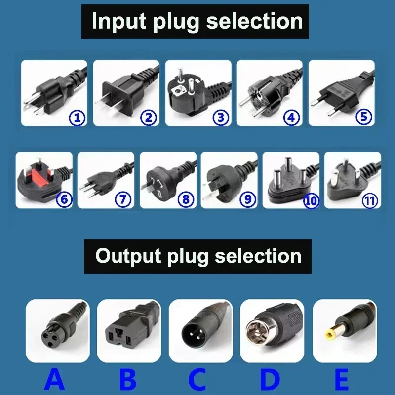 Kaliobes universal ebike lithium charger showing multiple voltage configurations from 42V to 84V