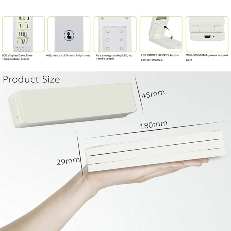 USB 접이식 터치 충전식 LED 책상 램프, 알람 시계 포함, 창의적인 영원한 달력, 다기능 공부 독서 침실