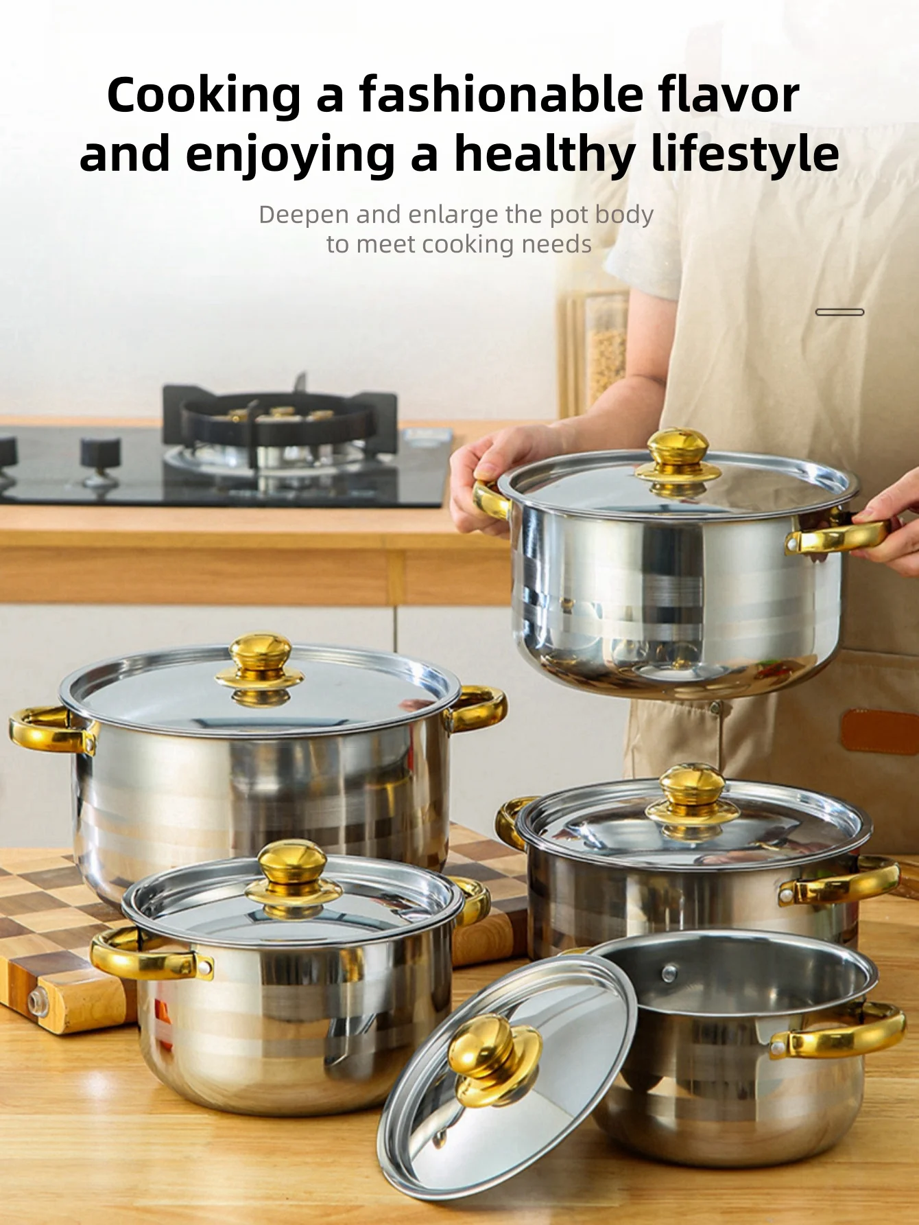 Description Picture 2 of itemStainless steel cooking pot, 5 pots+5 lids, stainless steel double handle with lid, deep soup pot, suitable for home and restaur