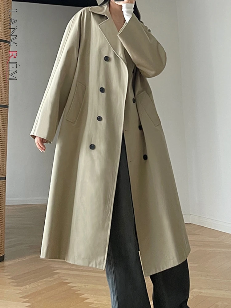 

LANMREM Fashion Khaki Long Windbreaker Women Lapel Belt Double Breasted Trench Coat Casual 2023 Autumn New Clothing 2AA2673