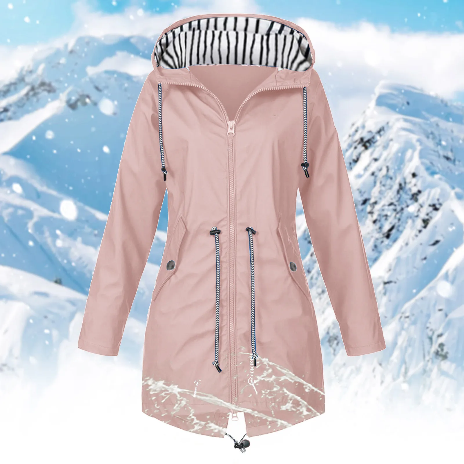 

Womens Fashion Rain Jacket With Hood Lightweight Long Sleeve Windbreaker Zip Up Drawstring Raincoat New In Coats & Jackets Autum