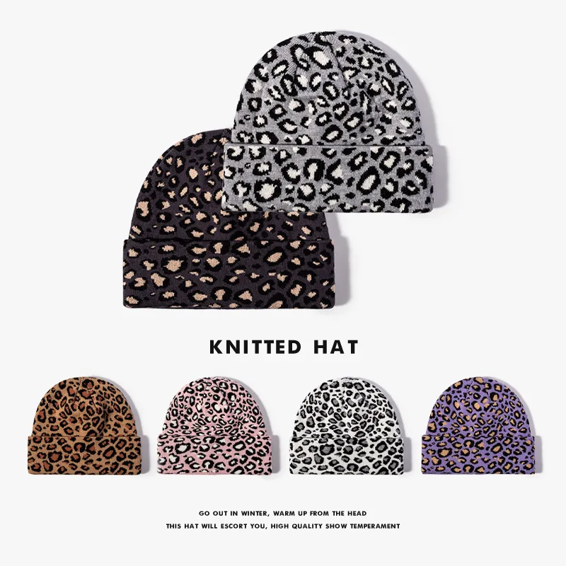 

Fashion Winter Men Women Big Head Jacquard Knitted Cap Outdoor Brimless Warm Leopard Cold Cap Thickened Ear Protection Wool Cap