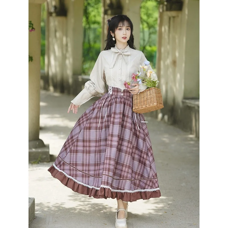 

Literature style bow tie long sleeve shirt plaid ruffle hem double layer high waist long skirt suit