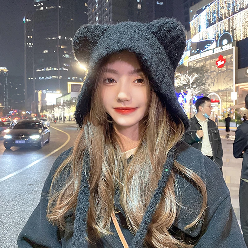 

Winter Women Knitted Beanie Earflap Hat Cozy Bear Ear Cap Thickened Ear Protection Warm Wool Hat For Women