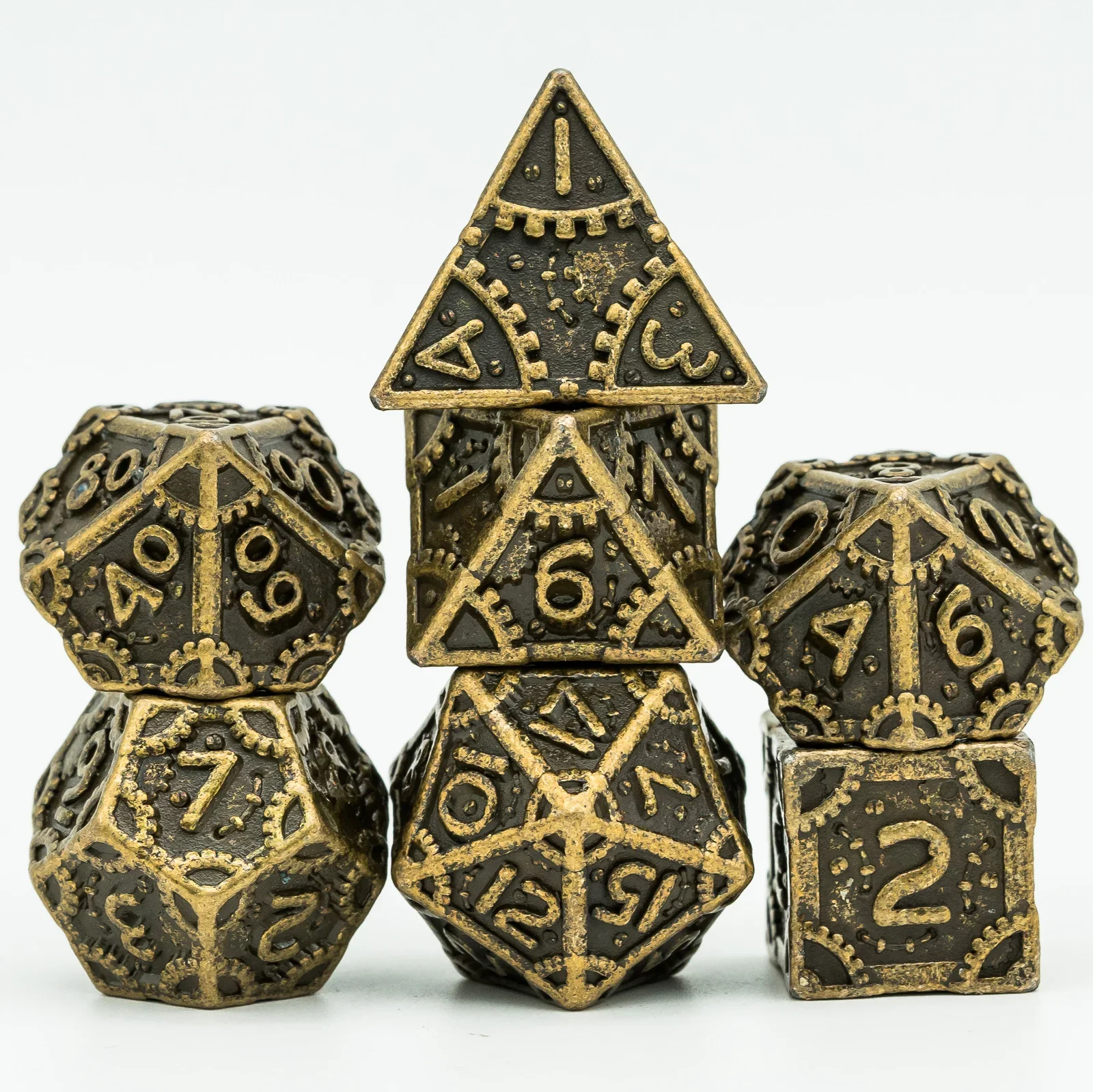 LDICEK Set Di 7 Dadi In Metallo Cavo Per D&D - Rame Con Scatola - Dadi Poliedrici Steampunk Per Giochi Di Ruolo