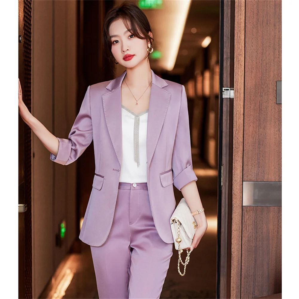 Women's Formal Pants Set Purple Apricot Black Long Sleeve Blazer Trousers 2  Pieces Sets Female Office Ladies Work Business Suit - AliExpress