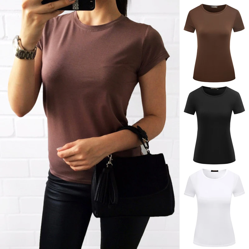 Spring Summer Women Tops Solid Color Women T shirts White Black Green
