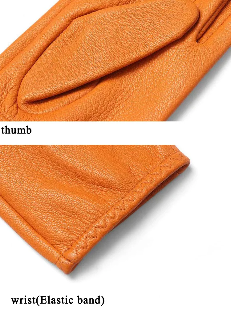 Leather Gloves For Men Winter Male Unlined Elastic Wrist Pure Sheepskin Soft Orange Luvas Arm Warmer Riding Driving Handschuhe