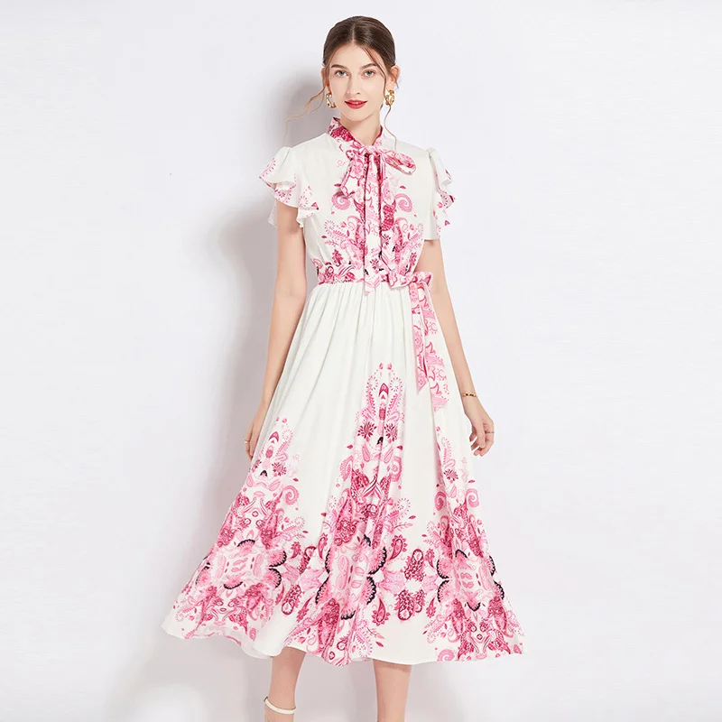 

Summer Midi Dresses For Women 2023 Elegant Bow Collar Flying Sleeve Casual A-Line Tunic Pleated Dress Bohemian Beach Robe G834
