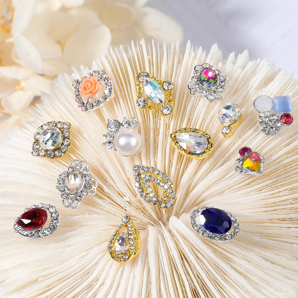

10pcs Mixed Drop Shape Crown Flower Nail Charms Alloy Pearl Shiny Rhinestone Nail Parts Nail Art Decoration Accessories