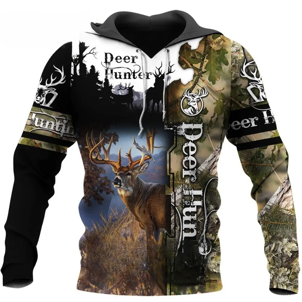 thumbnail image 1 of Sudadera con capucha para hombre con estampado 3D de animales de caza de ciervos y cazadores, jersey de manga larga de camuflaje a la moda para exteriores, 1 of 5