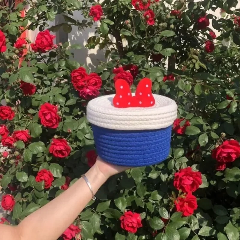 Disney Minnie Mouse Storage Basket Mask Cosmetics Desktop Storage Box Hand-woven Cartoon Cute for Girl Home Decor High Capacity