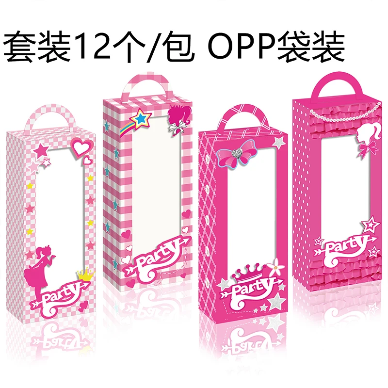 

12pcs Barbie Party Creative Red Pink Checked Girl Head Picture Window Opening Gift Candy Box
