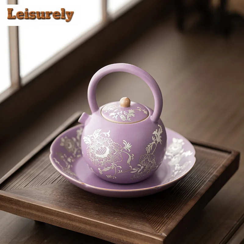 Purple Ru Kiln Gilded Silver Peony Entangled Lotus Pot Bearing Holder Teacup Holder Dry Bubble Table Tea Tray Coasters Cafes
