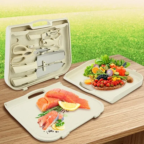 Kitchen Outdoor Camping Straw Portable 8-Piece Set with Small Vegetable Knife and Cutting Board Suitcase, BPA Free, Safe Dishwas