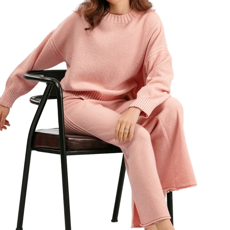 Stylish Long Sleeve Pullover Sweater Top and Wide Leg Pant Set for Women Casual and Sweater Set Dropship