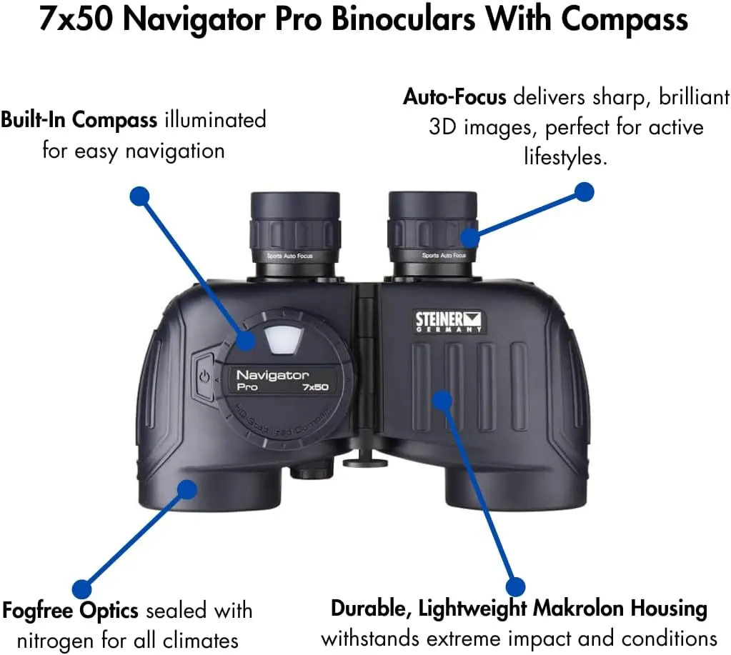 7x50 Navigator Pro Binoculars with 7X Magnification, High Contrast Optics, Floating Prism System, Sports-Auto Focus, Del