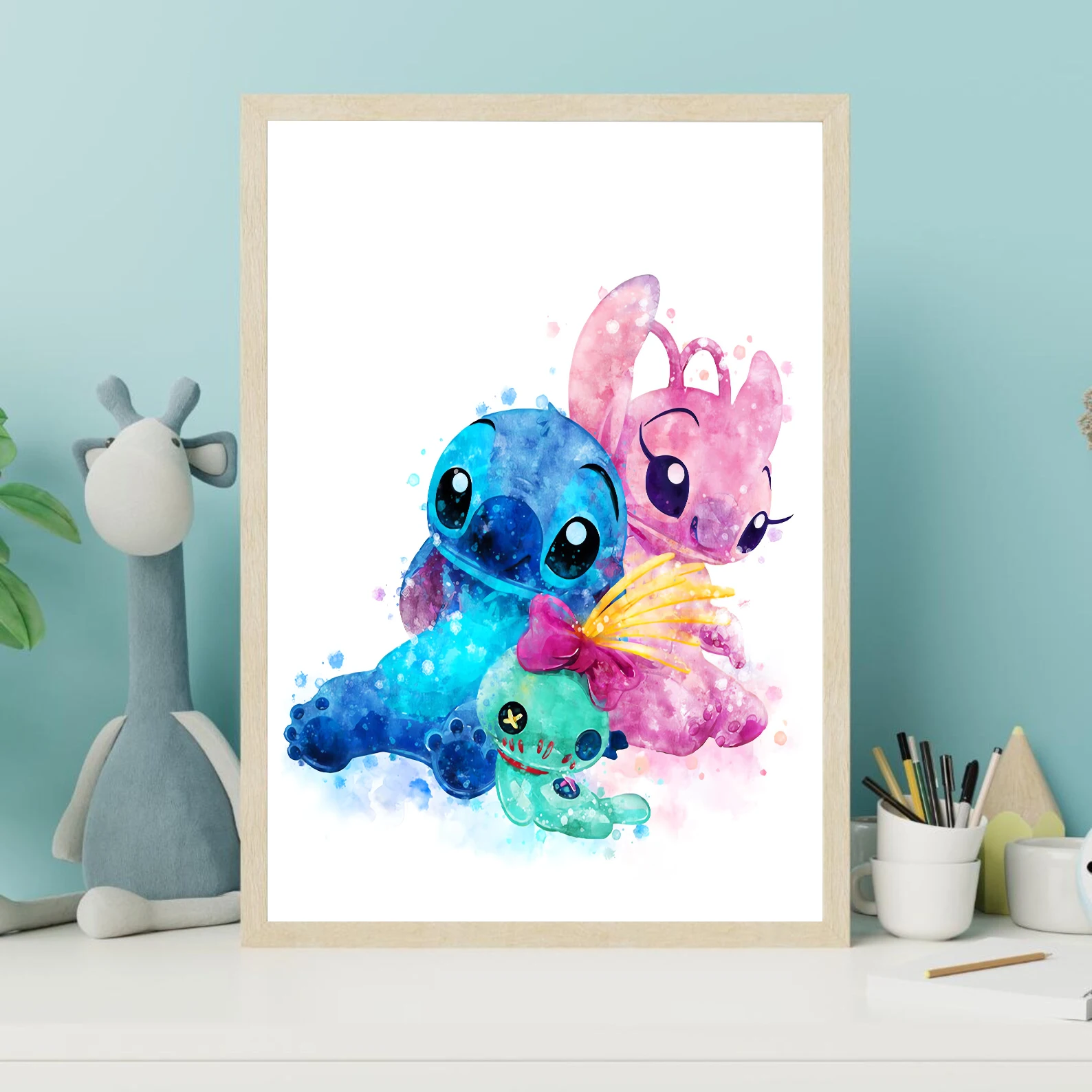 Poster Aquarelle Stitch, Angel & Scrump | Décoration Enfant