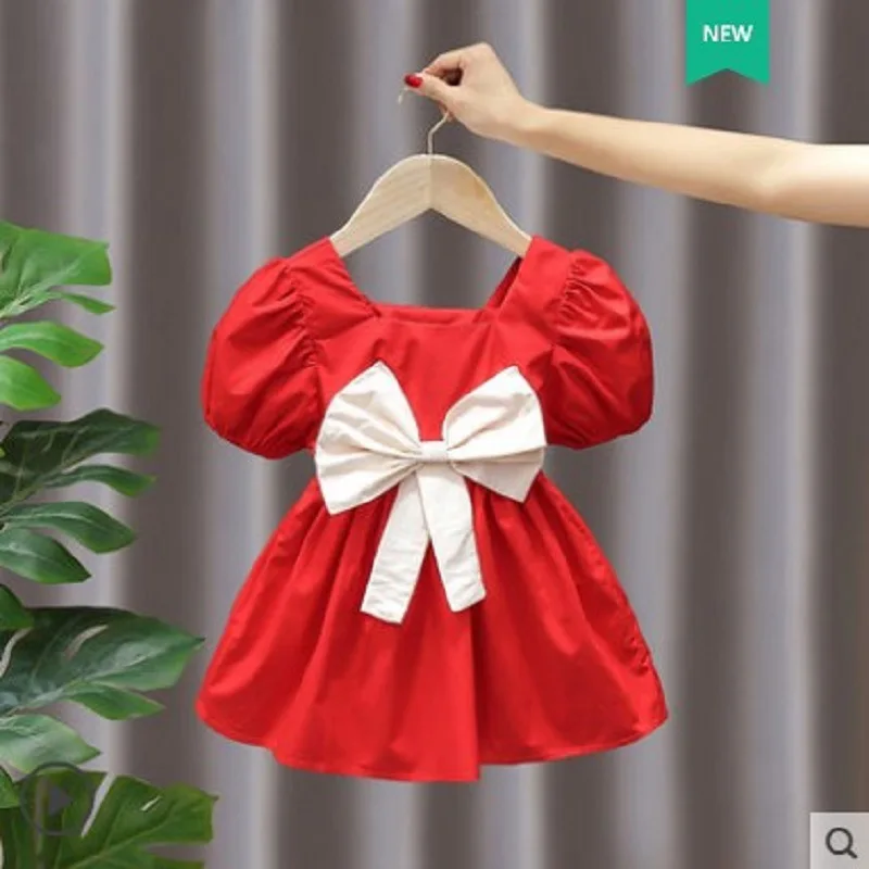 Kinder kleid 2024 neue Mädchen Sommer mode Blase Ärmel Bogen einz eilig Kragen Kleid Säugling Prinzessin Kleid 0-6 Jahre alt