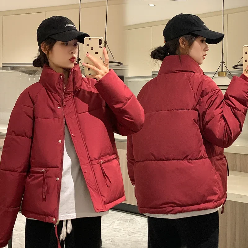 

2023 New Women Jacket Cotton-padded Jacket Long Sleeve Thicken Stand Collar Puffer Jacket Winter Tops Short Coat Korean Fashion