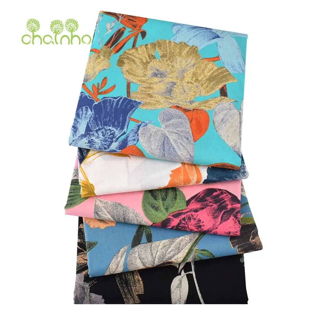 Chainho,Printed Plain Weave Poplin Cotton Fabric,DIY Sewing Quilting Material,Patchwork Cloth,Floral Series,3 Sizes,15PC17