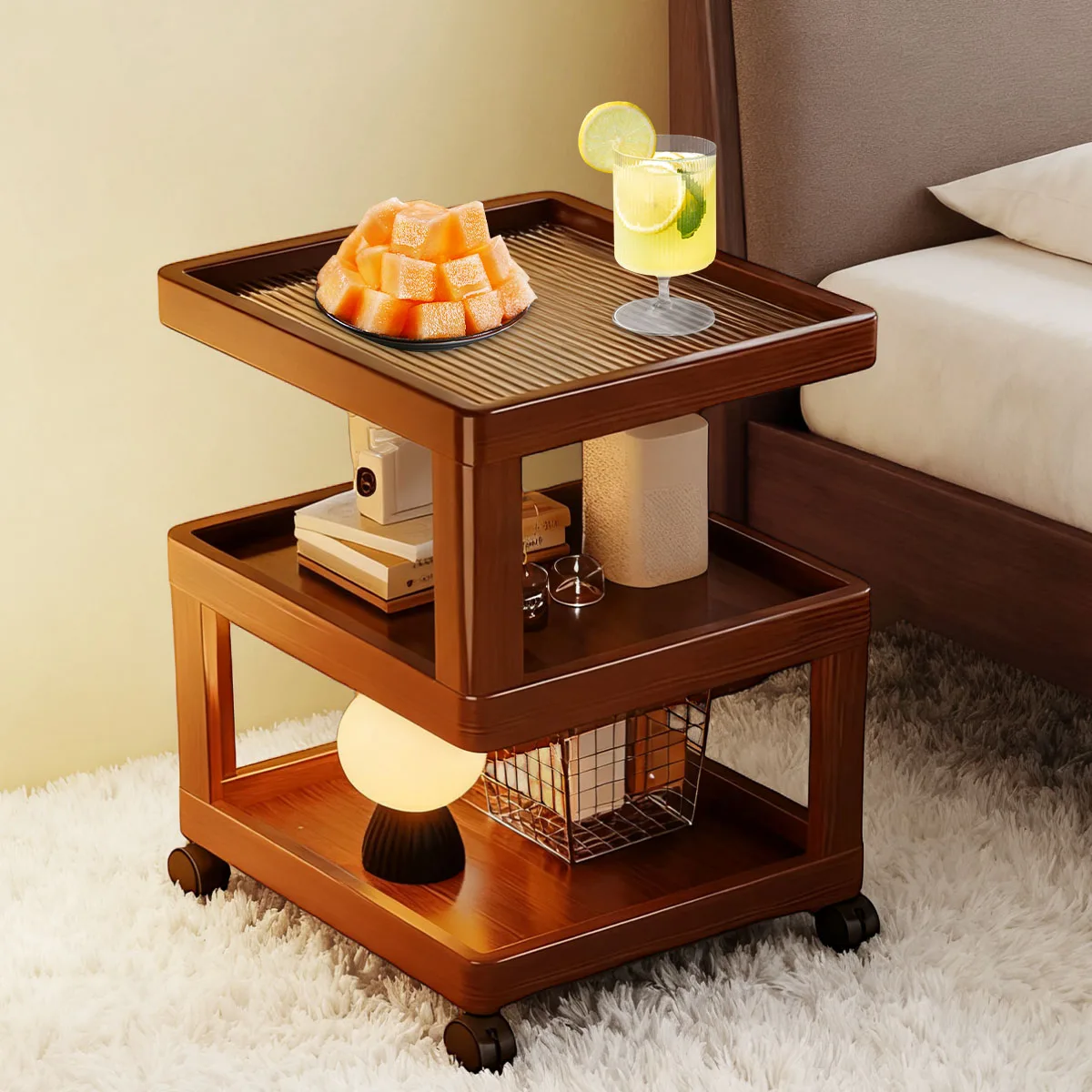 Geometric 3-Tier Bamboo Storage Side Table with Acrylic Surface & Wheels, Tea Brown Living Bedroom Furniture - Image 3