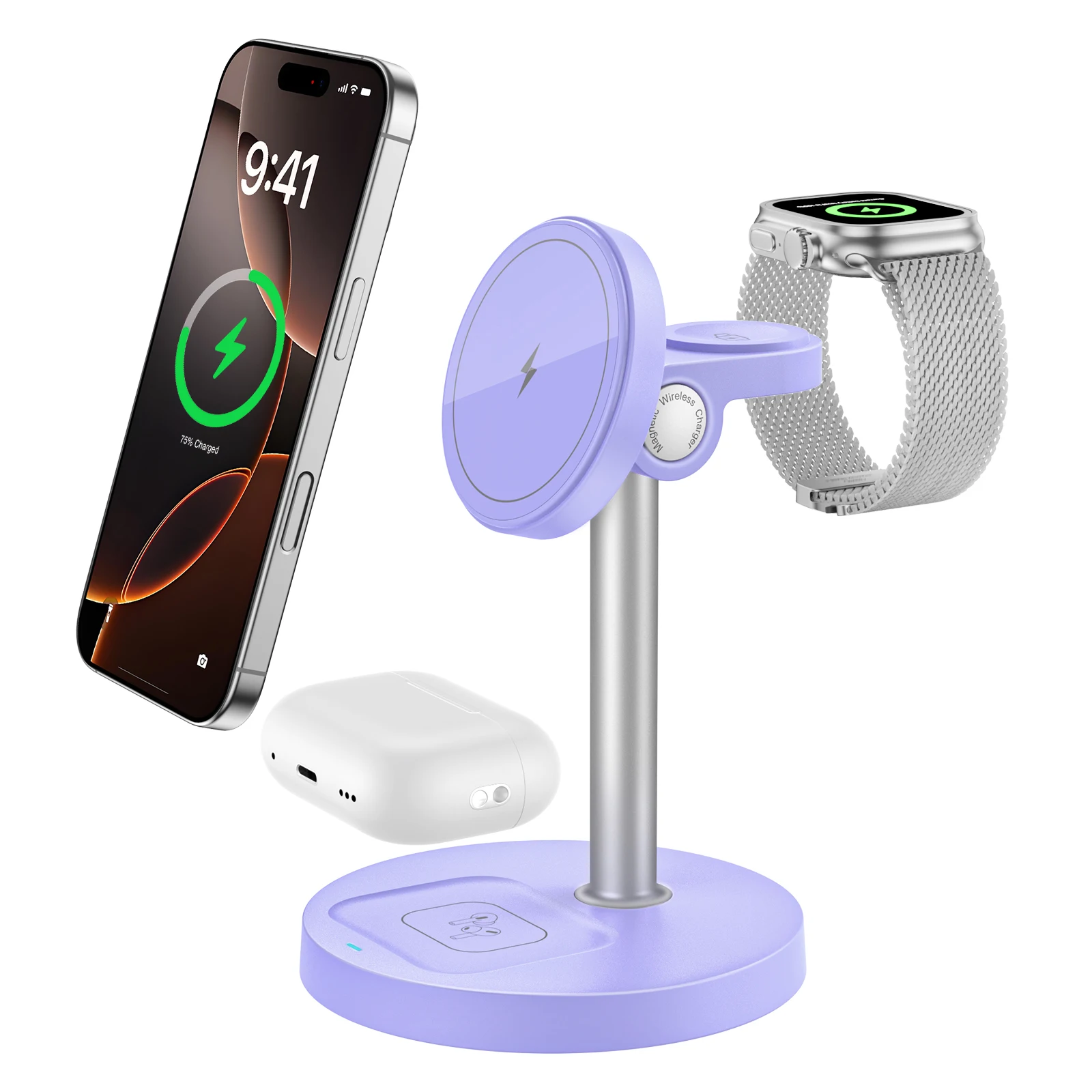 15W Fast Wireless Charging Stand with Adjustable Angle – 3-in-1 Magnetic Charger for Smartphones, Smartwatches, and Earbuds