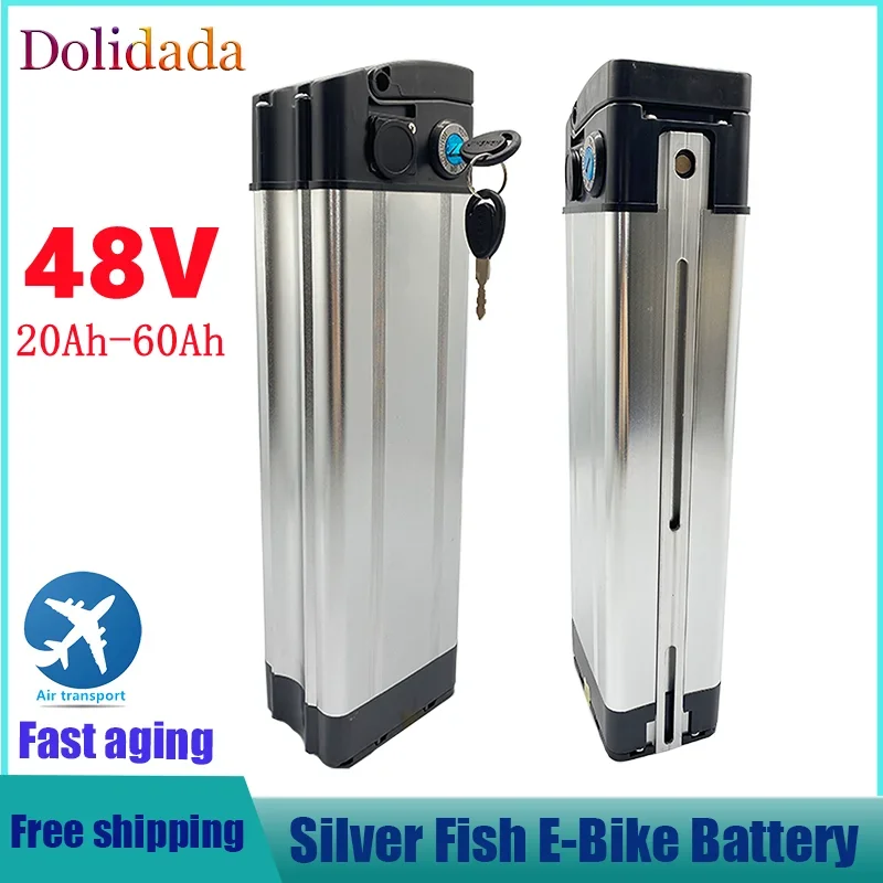 

48V 20ah 30ah 40ah 50ah 60ah Silver Fish Style Electric Bike Battery 48V Lithium Battery with Aluminum Case Anti-theft Lock