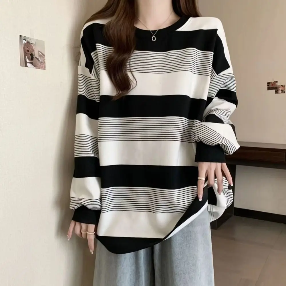 Simple Retro Long Sleeve T Shirt Loose Chic Sweatshirts for Women Stylish Plus Size Striped Blouse Autumn