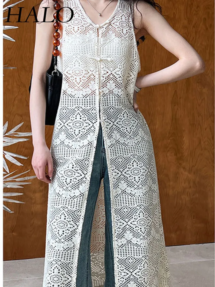 

HALO Chinese Style Sleeveless Lace Vest Skirt, 2024 Summer Hollowed Out Hook Flower Mid Length Hoodie, Layered On Top