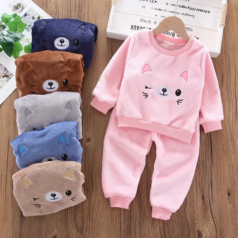 

Autumn Kids Clothes Girls Cartoon Cats Velvet Tracksuit 2pcs Set Baby Boys Loungewear Infant Soft Bottoming Shirt Toddler Outfit