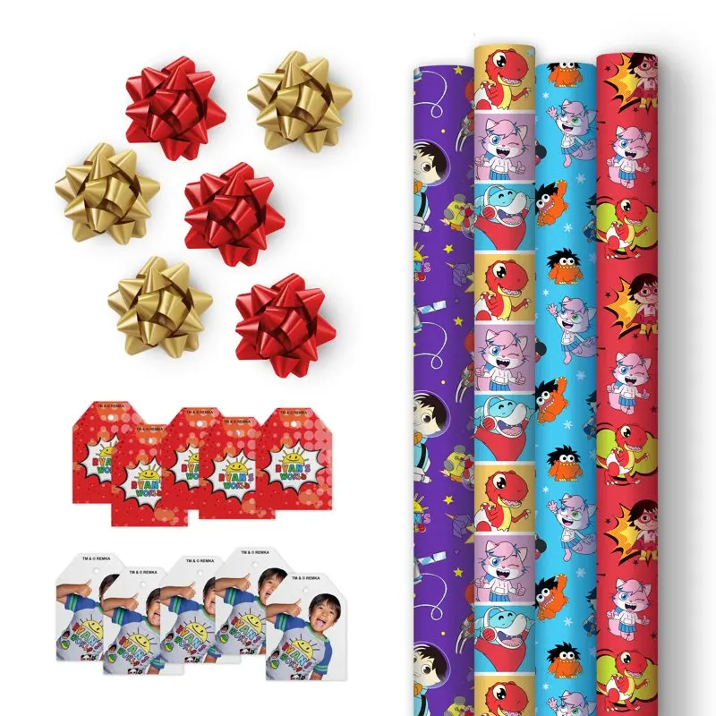 

World Gift Wrap Set - (4) Wrapping Paper Rolls, (10) Gift Tags, (6) Bows, Ryan's World Theme