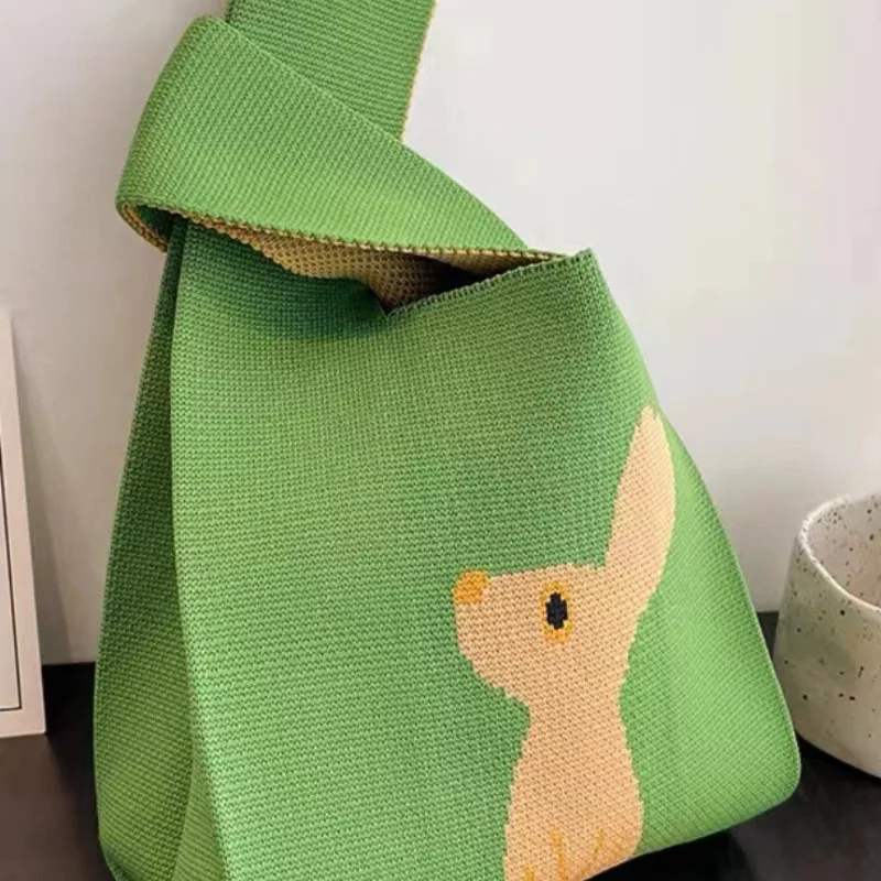 

Handmade Knit Handbag Duck Kangaroo Women Mini Knot Wrist-bag Female Wide Student Reusable Shopping Cute Cartoon Simple Bag
