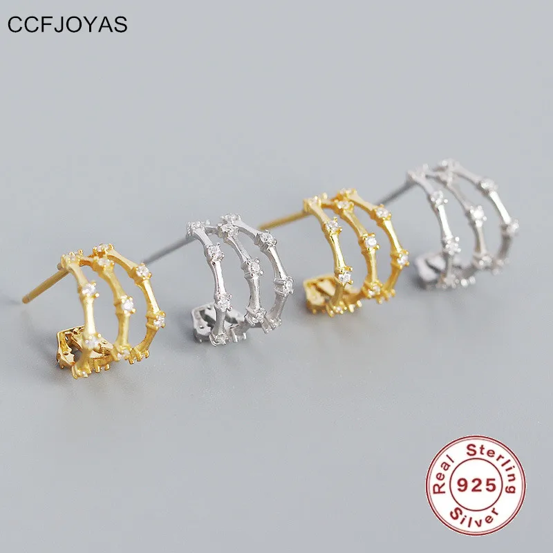 

CCFJOYAS 925 Sterling Silver INS Geometric Retro Three-layer Bamboo Inlaid Zircon C-shaped Earrings French Light Luxury Jewelry