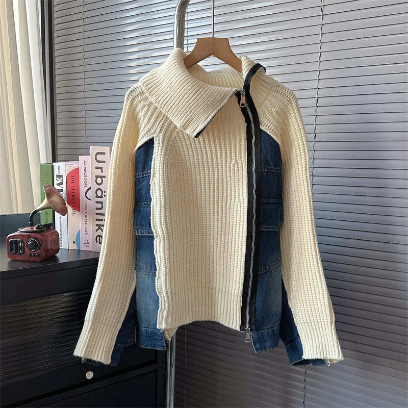 

Джинсовая Лоскутная трикотажная куртка с воротником-стойкой для женщин, зимний осенний свободный свитер, модный топ