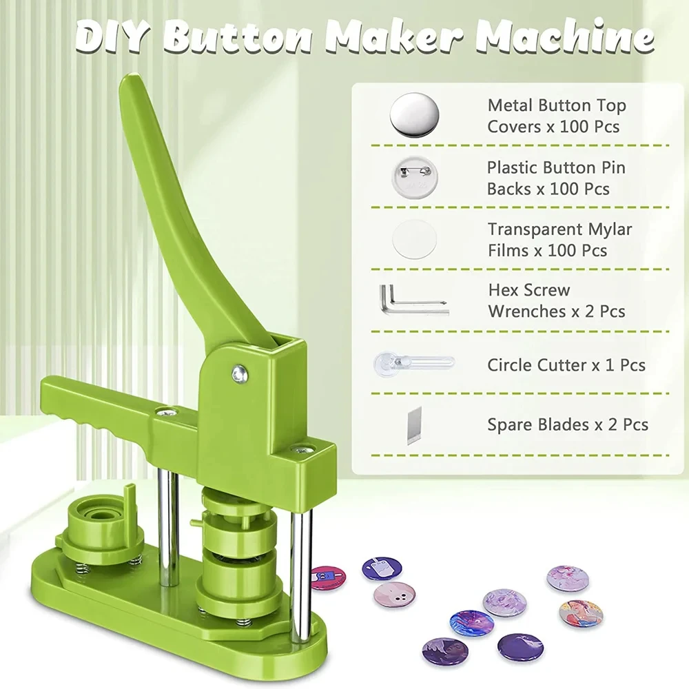 Handmade DIY 25/32/37/44/58MM Emblem Set with 100 Button Accessories+Green Circular Cutting Machine Emblem Press Set
