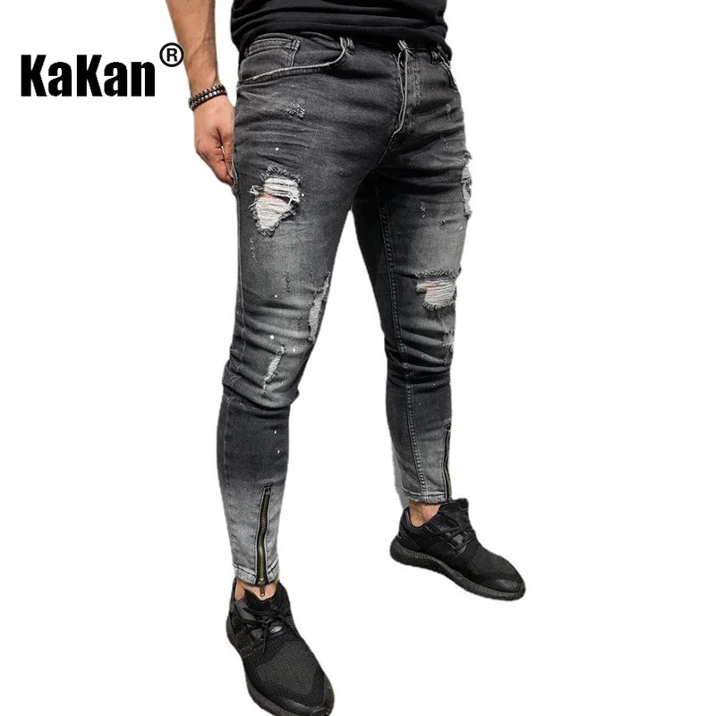 Kakan - New European and American Trend Distressed Small Leg Jeans for Men, Black Leg Zipper Stretch Long Jeans K45-NK52